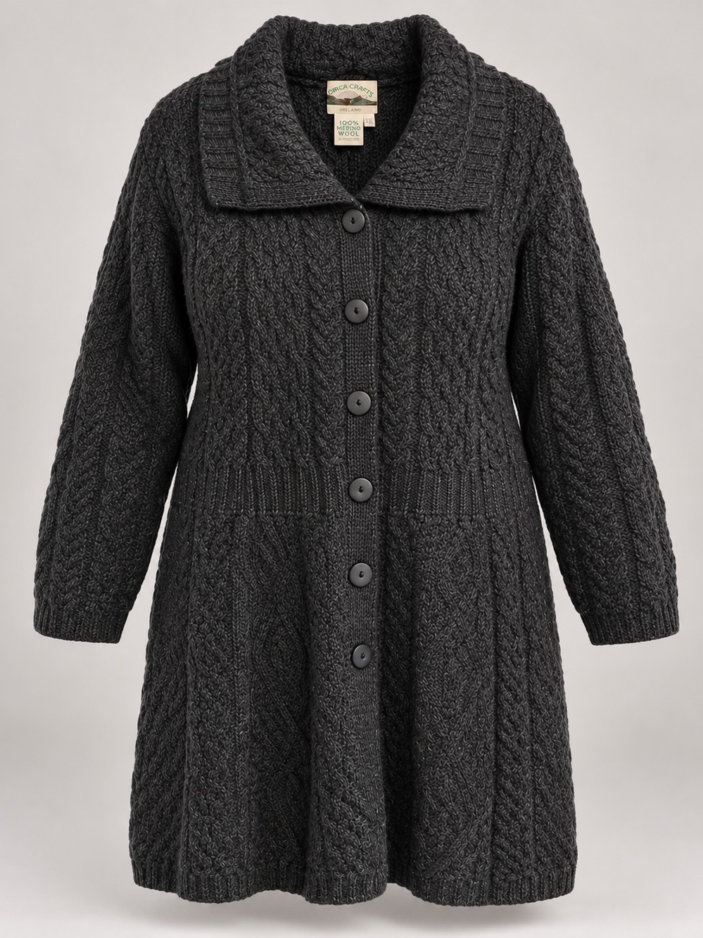 Aran Crafts Charcoal Cable-Knit Button-Front Cardigan Coat